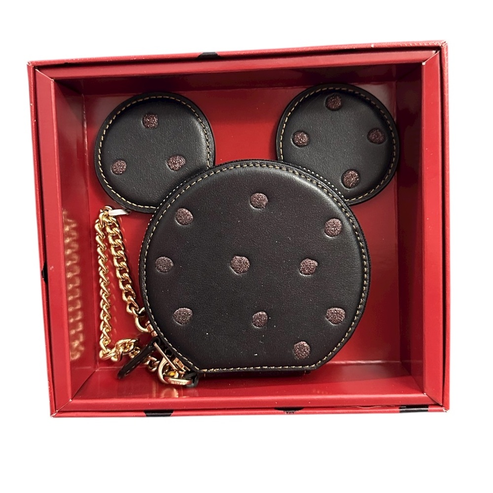 Disney x Coach Boxed Minnie Mouse Coin Case in Black Leather & Glittery Dots